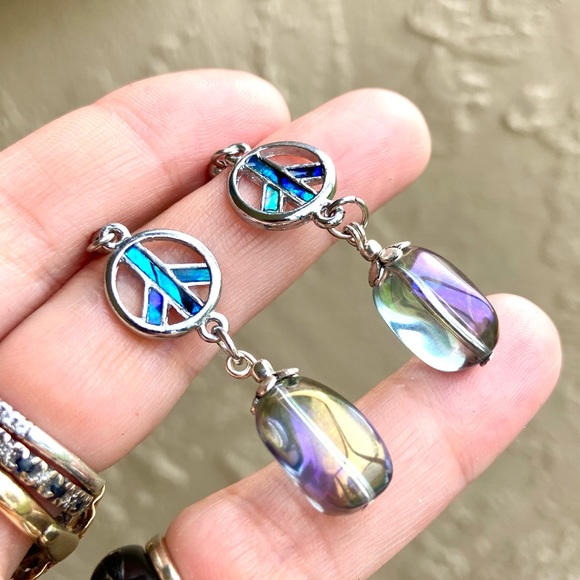 Opal peace earrings . Peace sign & rainbow aura crystal dangly boho earrings - Picture 2 of 10